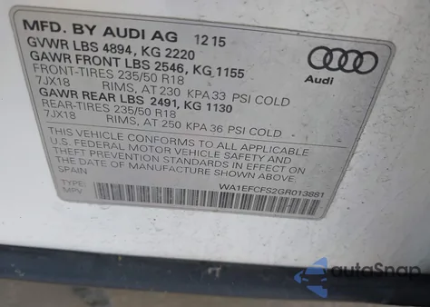 2016 Audi Q3 2.0T Premium Plus z USA, uszkodzony, nr VIN WA1EFCFS2GR013881